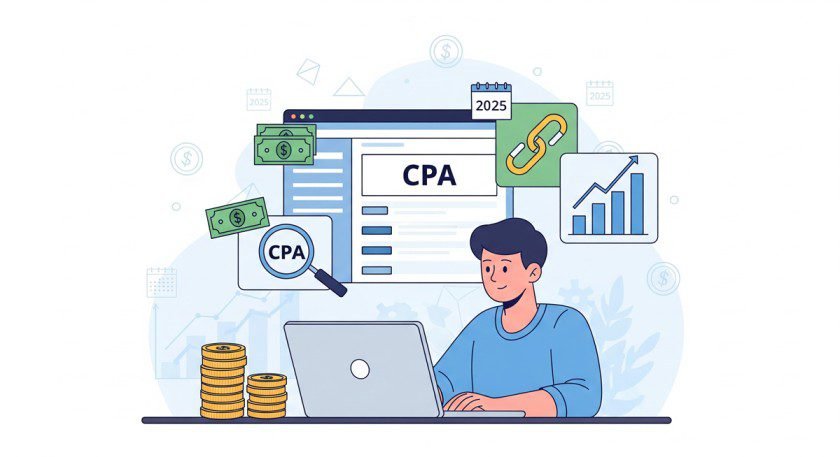 Beginner working on CPA marketing with laptop and icons in 2025