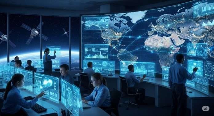 Engineers analyzing Starlink satellite outage data in a tech control room