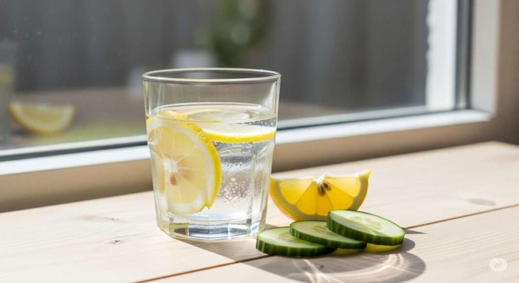 A glass of water with fruits showing the health benefits of hydration