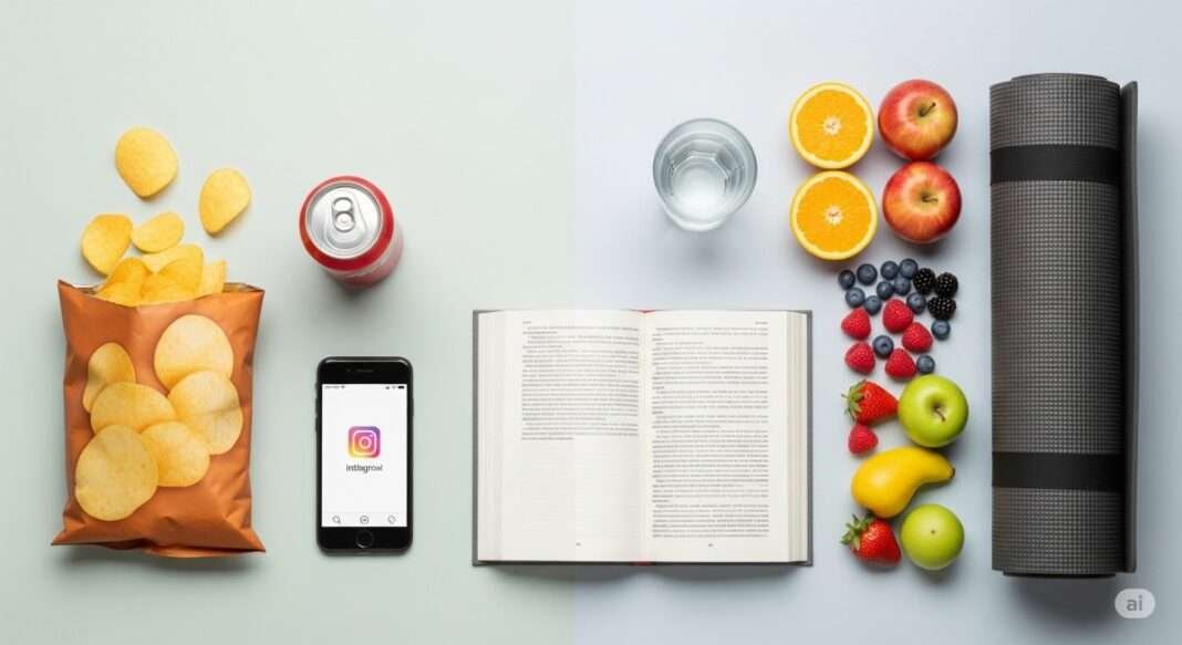 Healthy and unhealthy daily habits shown side by side — lifestyle choices impact well-being
