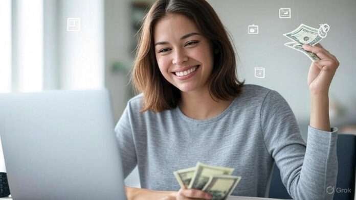 Earn Cash Quickly-Woman earning cash from home by completing online surveys