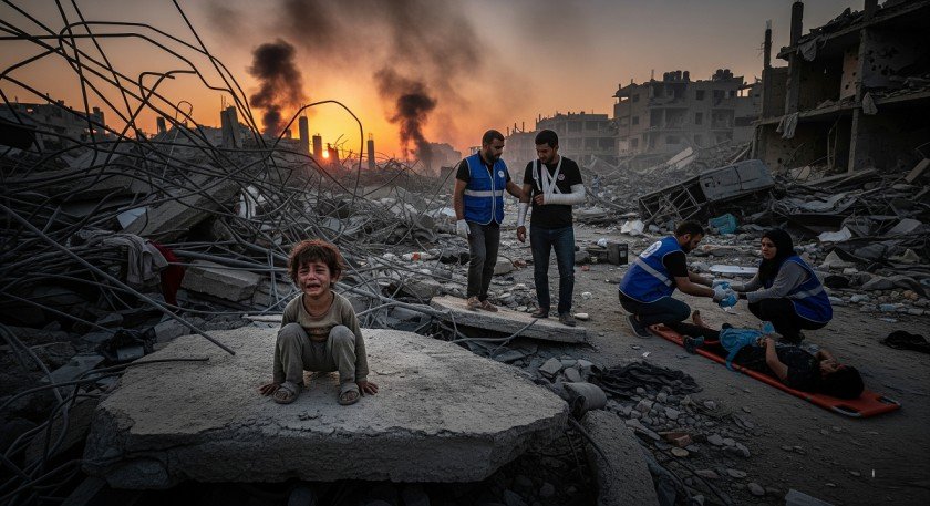 Injured child sits alone in destroyed Gaza neighborhood