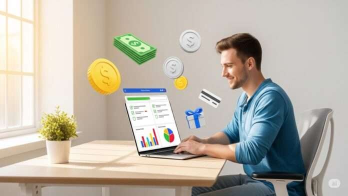 Get Paid for Your Opinions ! Person completing online survey on laptop to earn rewards from home