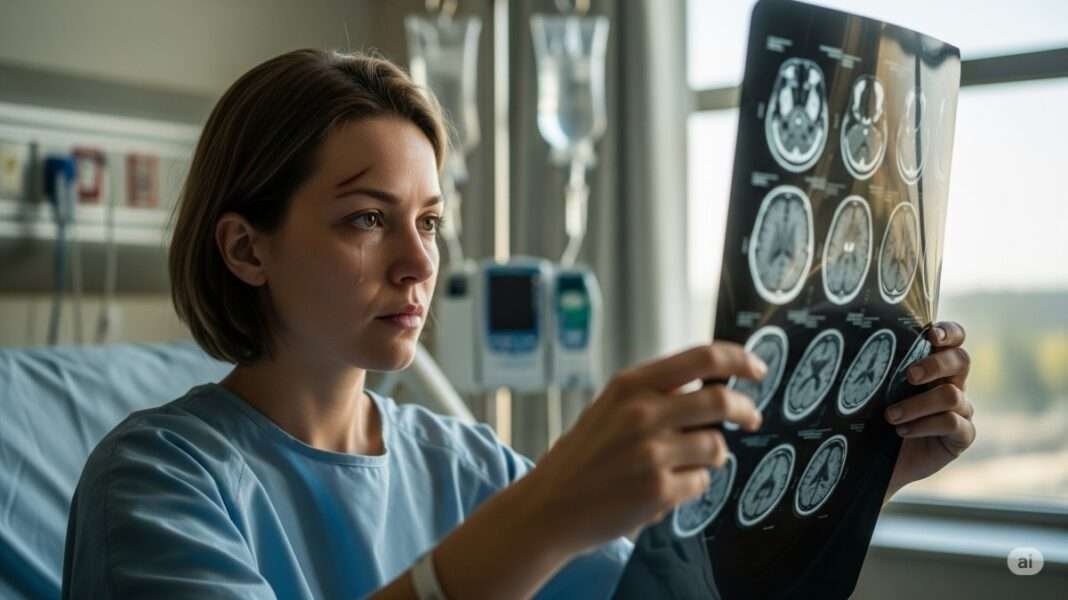 A woman holding brain MRI scan to raise awareness of glioma brain condition