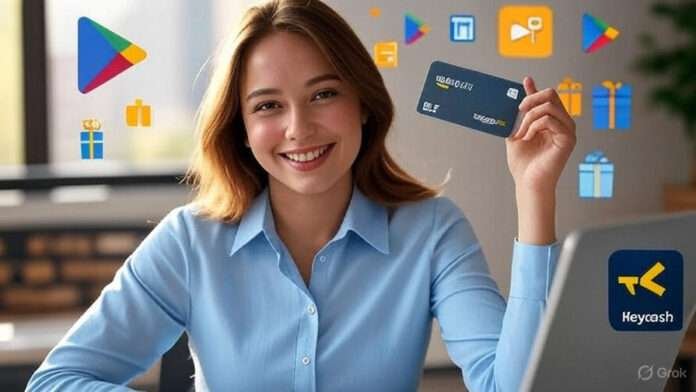 Woman holding an Amazon gift card earned from Heycash surveys