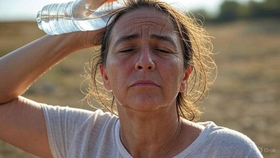 A person showing symptoms of dehydration while outdoors in heat