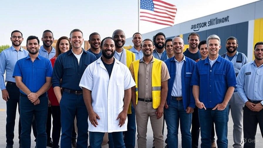 A diverse group of Amazon jobs USA including warehouse workers, engineers, and remote staff standing proudly in front of an Amazon fulfillment center with the U.S. flag in the background.