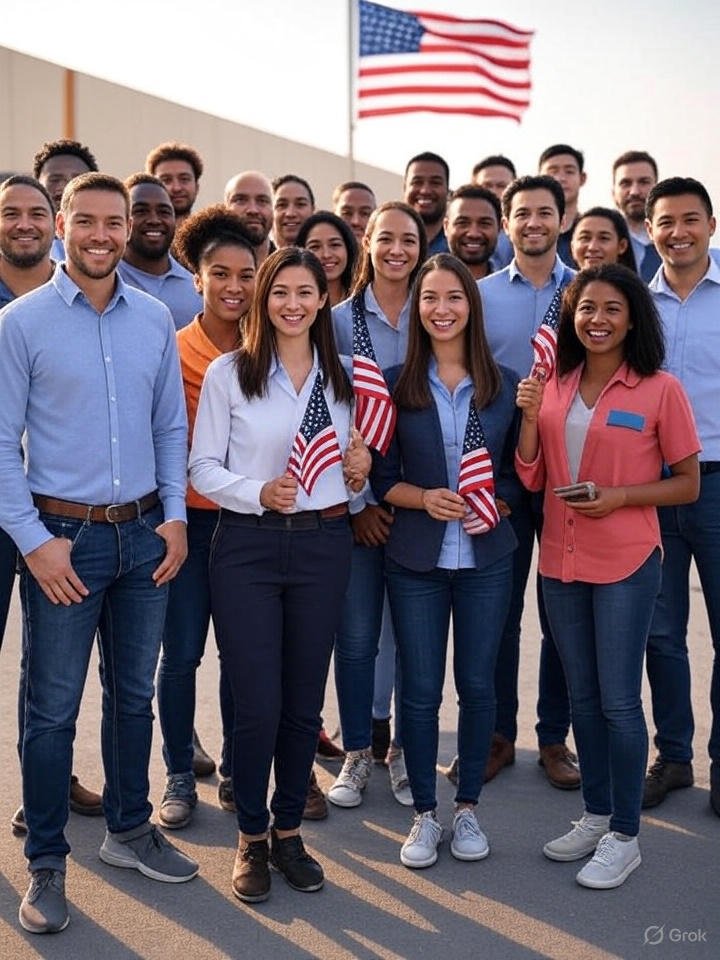 A diverse group of Amazon jobs USA including warehouse workers, engineers, and remote staff standing proudly in front of an Amazon fulfillment center with the U.S. flag in the background.