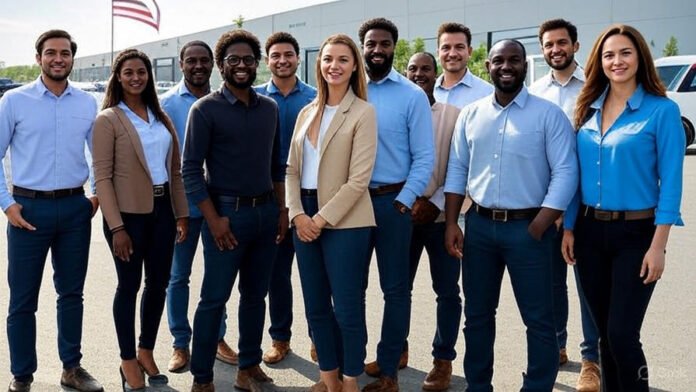 A diverse group of Amazon jobs USA including warehouse workers, engineers, and remote staff standing proudly in front of an Amazon fulfillment center with the U.S. flag in the background.