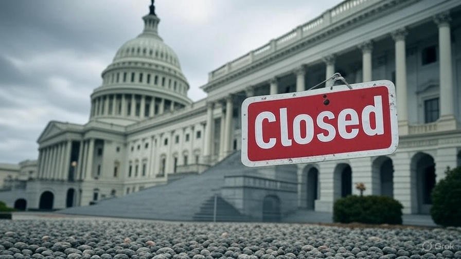 Capitol building with Government Shutdown Risk headline