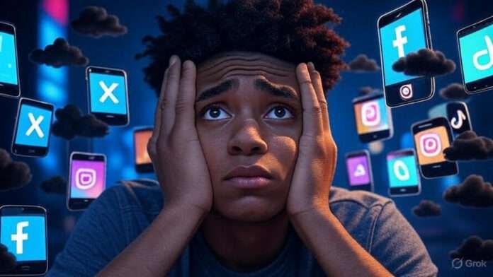 Social Media and Mental Health — stressed American teen surrounded by glowing social