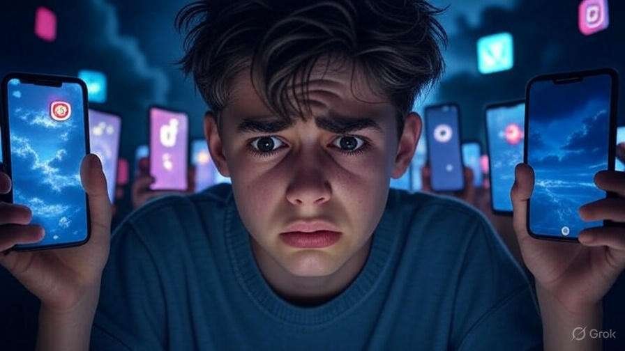 Social Media and Mental Health — stressed American teen surrounded by glowing social