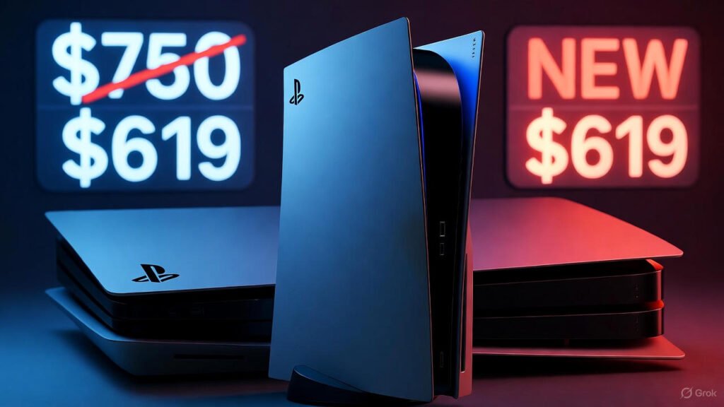 PS5 Pro console on gaming desk showing price drop from $750 to $619