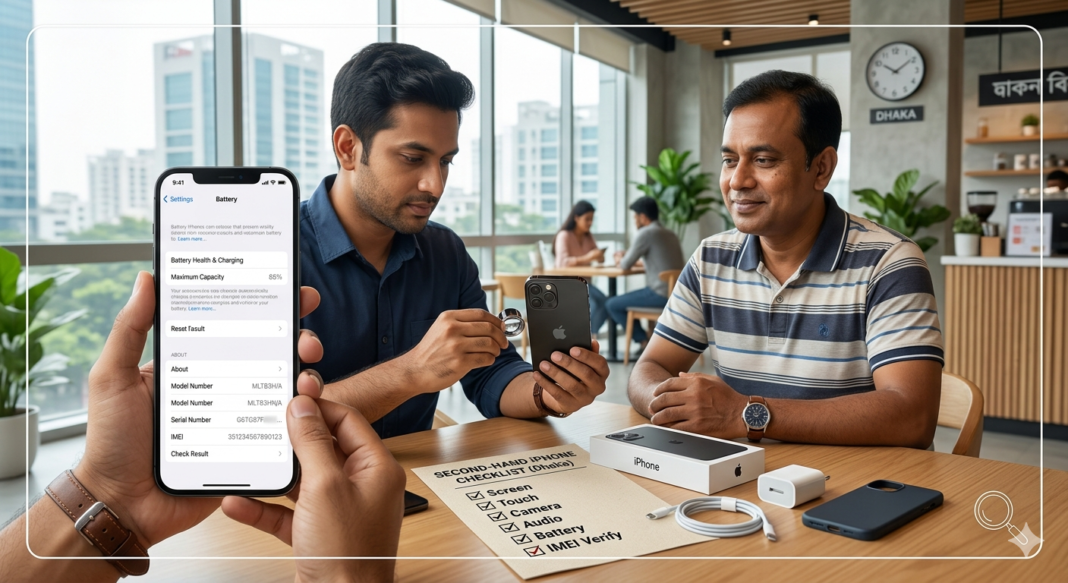 সেকেন্ড-হ্যান্ড iPhone কেনার আগে ফোন চেক করছেন একজন ব্যবহারকারী