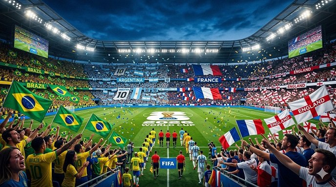 FIFA World Cup 2026 উপলক্ষে দর্শকে ভরা আধুনিক ফুটবল স্টেডিয়াম